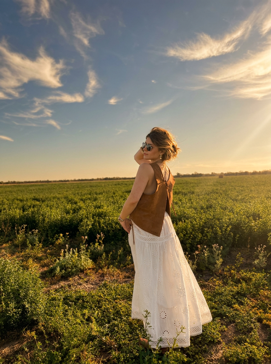 Mujer con chaleco de cuero Martinez Camp en el campo al atardecer
